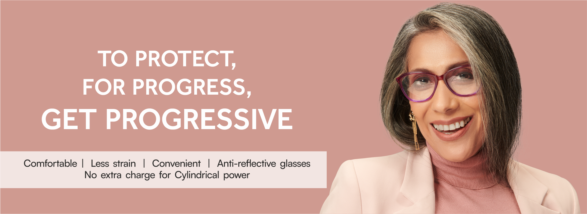 Smiling woman wearing progressive glasses with benefits listed on a peach background