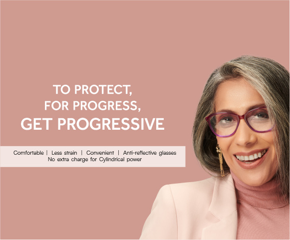 Smiling woman wearing progressive glasses with benefits listed on a peach background